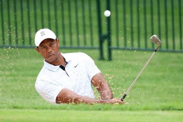 Tiger Woods warms up on the range during a practice round prior to the start of the 2022 PGA Championship (Photo by Christian Petersen/Getty Images)