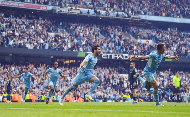 İlkay Gündoğan of Manchester City celebrates after scoring his team's third goal during the Premier League match versus Aston Villa on May 22, 2022 (by Michael Regan/Getty Images)