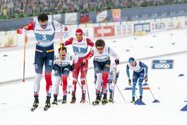 Emil Iversen of Norway takes joint first place and wins the gold medal during the 2021 FIS Nordic World Ski Championships men's cross country 50km race (by Millo Moravski/Agence Zoom/Getty Images)
