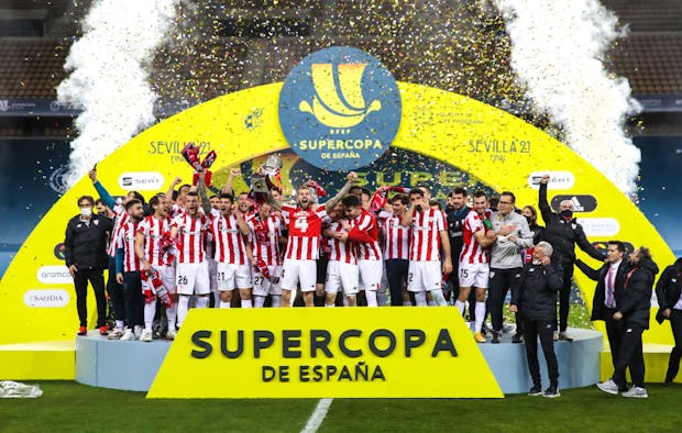 Athletic Bilbao celebrate victory at 2020-21 Supercopa de Espana against Barcelona at Seville's Estadio de La Cartuja (Photo by RFEF - Pool/Getty Images)