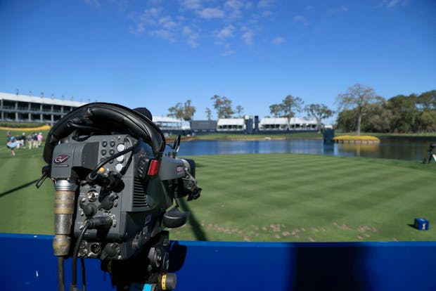 TV camera at the 17th hole during practice round at 2021 Players Championship at TPC Sawgrass in Florida (Photo by Sam Greenwood/Getty Images)