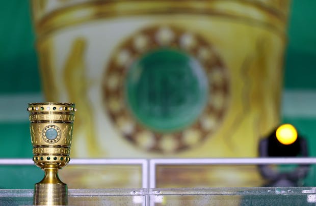 DFB-Pokal trophy seen in Berlin before 2020-21 final between RB Leipzig and Borussia Dortmund (Photo by Martin Rose/Getty Images)