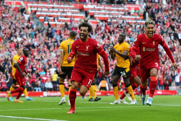 Mohamed Salah of Liverpool celebrates after scoring his side's second goal during the Premier League match against Wolverhampton Wanderers on May 22, 2022 (by Alex Livesey/Getty Images)