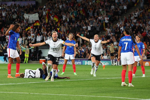 Alexandra Popp of Germany celebrates scoring the second goal during her country's Uefa Women's Euro 2022 semi-final victory against France (by Marc Atkins/Getty Images)