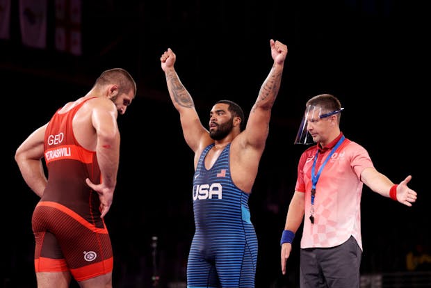 Gable Steveson of Team USA celebrates defeating Geno Petriashvili of Team Georgia during the men’s freestyle 125kg wrestling gold medal match at the Tokyo 2020 Olympic Games (by Ezra Shaw/Getty Images)