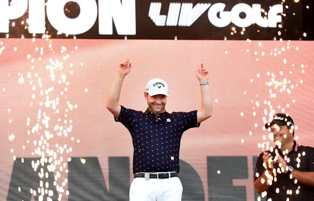 Branden Grace celebrates victory in the LIV Golf Invitational - Portland at Pumpkin Ridge Golf Club on July 2, 2022 (by Steve Dykes/Getty Images)