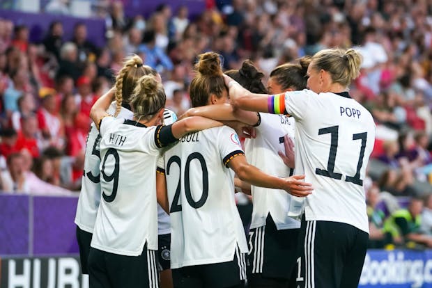 Germany celebrate during UEFA Women's Euro quarter-final against Austria (Photo by Daniela Porcelli/ISI Photos/Getty Images)