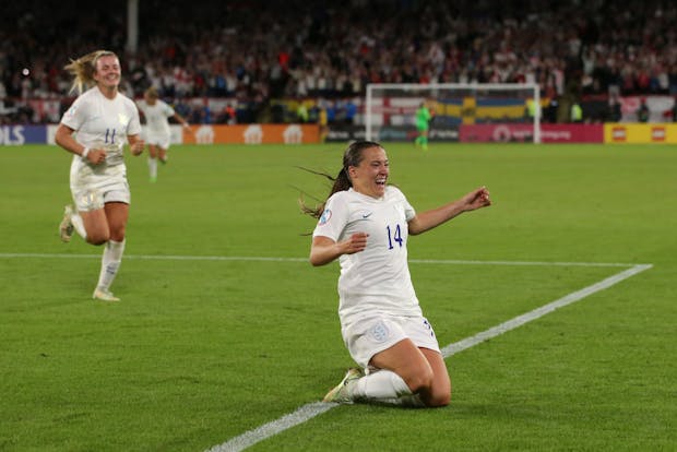 Fran Kirby of England celebrates after scoring to give her side a 4-0 lead against Sweden (Photo by Jonathan Moscrop/Getty Images)