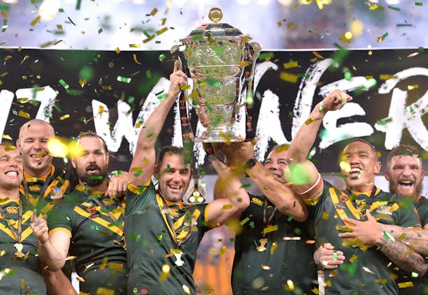 Australian Kangaroos celebrate victory at the 2017 Rugby League World Cup Final, December 2017 in Brisbane, Australia.  (Photo by Bradley Kanaris/Getty Images)