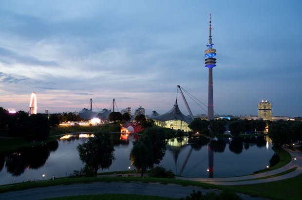 The illuminated Olympic Tower during 'One Year to Go' - Munich 2022 event (Daniel Kopatsch/Getty Images for European Championships Munich 2022)