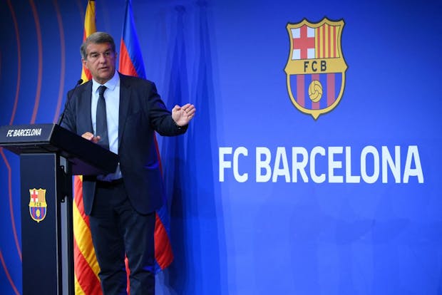 Barcelona president Joan Laporta gestures during a press conference at the Camp Nou (Photo by LLUIS GENE/AFP via Getty Images)