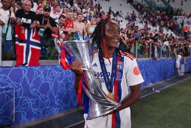 Melvine Malard of Olympique Lyonnais celebrates winning the 2021-22 Uefa Women's Champions League. (Photo by Jonathan Moscrop/Getty Images)