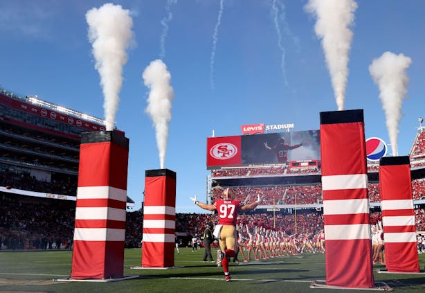 SANTA CLARA, CALIFORNIA - JANUARY 02: Nick Bosa #97 of the San Francisco 49ers enters the field before the game against the Houston Texans at Levi's Stadium on January 02, 2022 in Santa Clara, California. (Photo by Ezra Shaw/Getty Images)