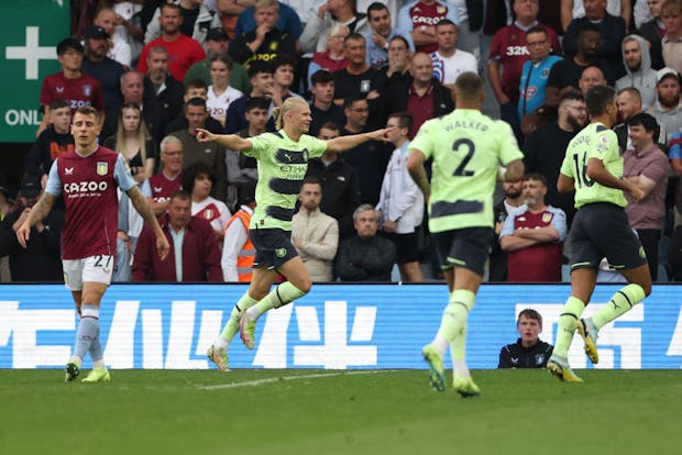 Erling Haaland of Manchester City celebrates after scoring during the Premier League match at Aston Villa on September 3, 2022 (by Matthew Ashton - AMA/Getty Images)