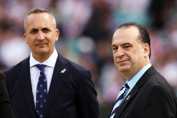 NRL chief executive Andrew Abdo and ARLC chairman Peter V’landys. (Photo by Mark Kolbe/Getty Images)