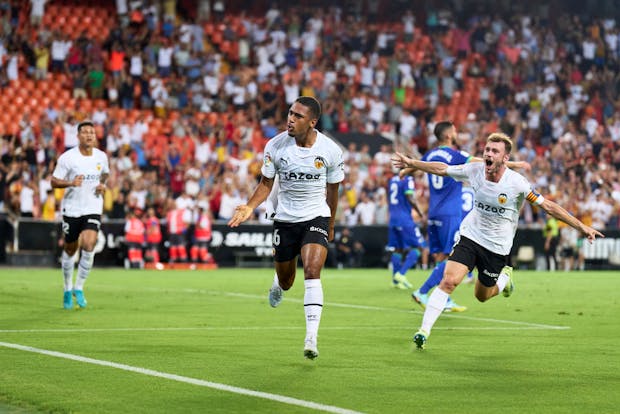 Samuel Lino of Valencia CF celebrates after scoring during the LaLiga match versus Getafe CF on September 4, 2022 (by Aitor Alcalde Colomer/Getty Images)
