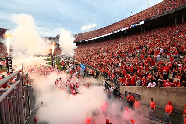 The Ohio State Buckeyes take the field prior to a September 2022 game against the Notre Dame Fighting Irish. (Photo by Ben Jackson/Getty Images)