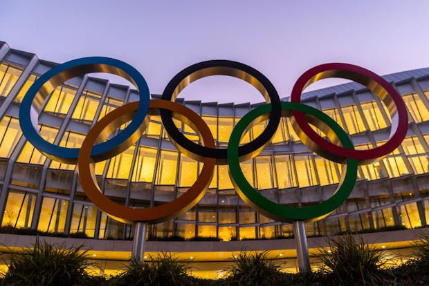 The Olympic Rings sit on display outside the IOC headquarters in Lausanne, Switzerland (by David Ramos/Getty Images)
