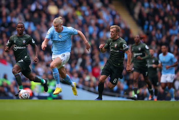 Norwegian international Erling Haaland of Manchester City during Premier League match against Southampton on October 8, 2022 (by Marc Atkins/Getty Images)