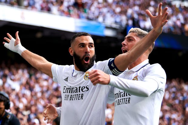 Karim Benzema of Real Madrid celebrates after scoring his team's first goal against Barcelona (Photo by Silvestre Szpylma/Quality Sport Images/Getty Images)