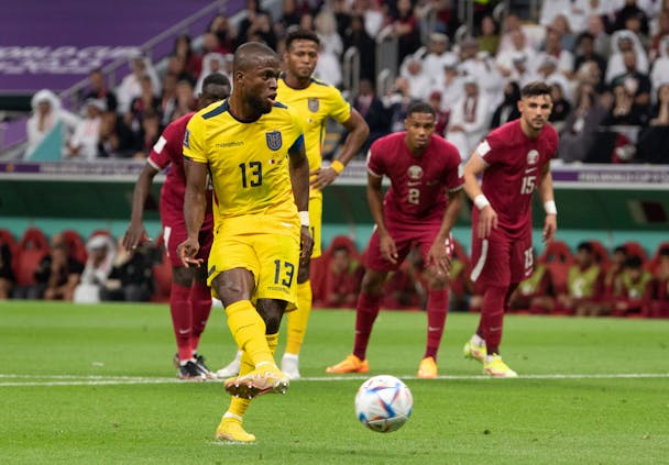 Enner Valencia of Ecuador scores on a penalty kick against Qatar. (Getty Images)