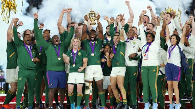 South Africa lifts the Webb Ellis Cup following victory against England in the 2019 Rugby World Cup in Japan. (Photo by Cameron Spencer/Getty Images)