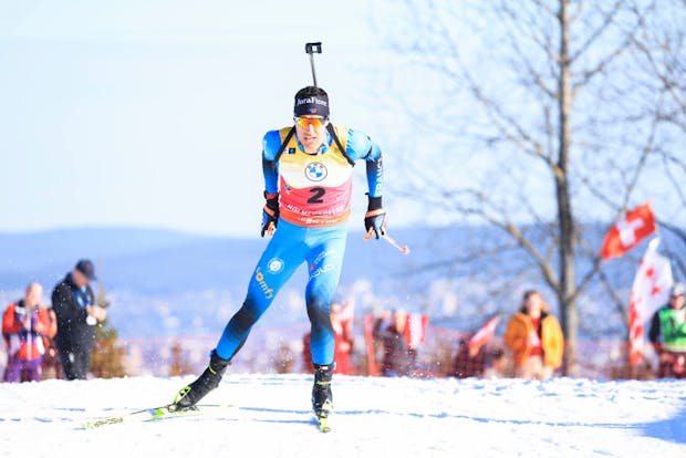 Quentin Fillon Maillet of France competes during the men's pursuit at the IBU World Cup event in Oslo in March 2022 (Christian Manzoni/NordicFocus/Getty Images)