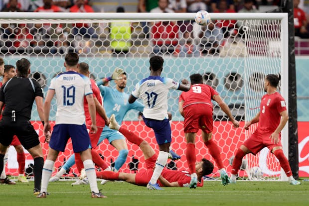 Bukayo Saka scores the second goal during the Fifa World Cup Qatar 2022 Group B match between England and IR Iran (by Richard Sellers/Getty Images)