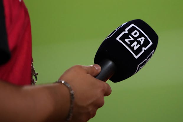 BOLOGNA, ITALY - SEPTEMBER 13: A microphone of the DAZN TV in pictured on September 13, 2021 in Bologna, Italy. (Photo by Danilo Di Giovanni/Getty Images)