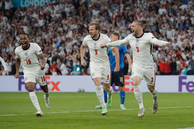 Luke Shaw of England celebrates scoring a goal during the Italy v England Euro 2020 final (Photo by Tom Jenkins/Getty Images)