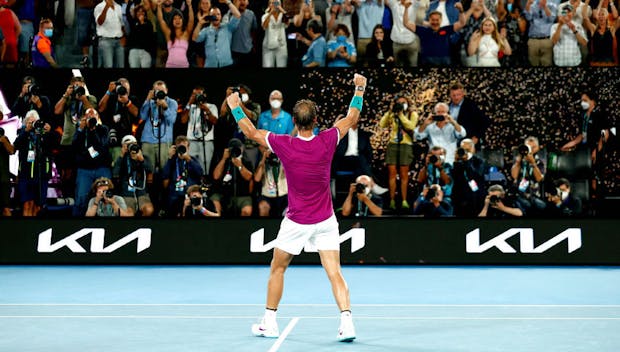 Rafael Nadal celebrates match point in the Australian Open final against Daniil Medvedev (Photo by Daniel Pockett/Getty Images)