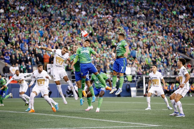 Xavier Arreaga of Seattle Sounders heads the ball against Pumas in the 2022 Concacaf Champions League Final (Photo by Steph Chambers/Getty Images)