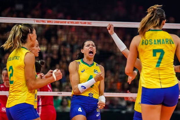 Ana Carolina Da Silva of Brazil celebrates a point during the final match of the 2022 FIVB Volleyball Women's World Championship (by Rene Nijhuis/Orange Pictures/BSR Agency/Getty Images)