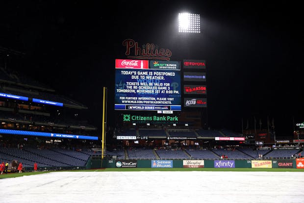 Citizens Bank Park in Philadelphia, Pennsylvania, home of Major League Baseball's Philadelphia Phillies, as Game 3 of the 2022 World Series is postponed. (Photo by Elsa/Getty Images)