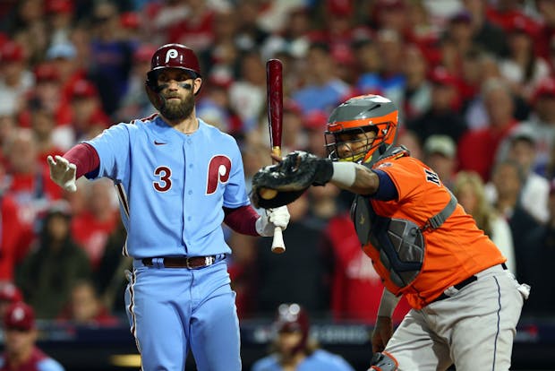 Action from Game 5 of Major League Baseball's World Series between the Philadelphia Phillies and Houston Astros. (Photo by Elsa/Getty Images)