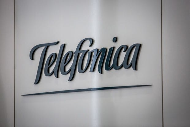 The Telefonica logo displayed inside the company's headquarters in Barcelona, Spain (by Angel Garcia/Bloomberg via Getty Images)