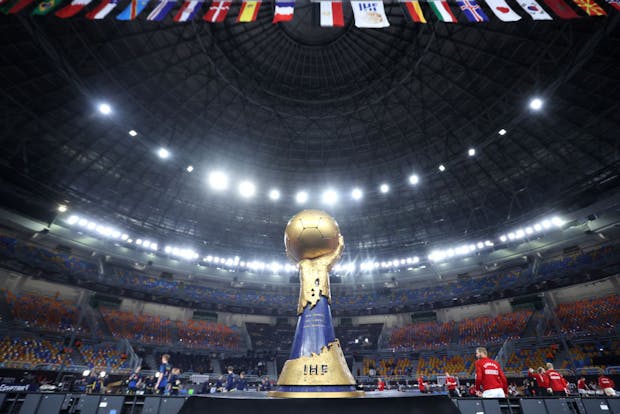  IHF Men's World Championship trophy on show ahead of Denmark-Sweden final in Cairo on January 31, 2021 (Photo by Slavko Midzor/Pixsell/MB Media/Getty Images)