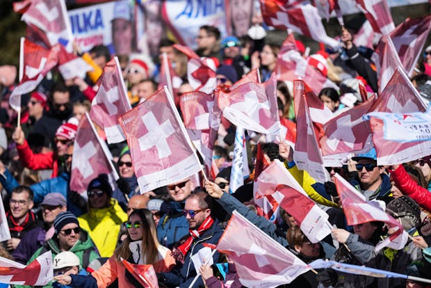 Swiss fans at FIS Alpine Ski World Cup Crans-Montana on February 27, 2022 (Photo by Jari Pestelacci/Eurasia Sport Images/Getty Images)