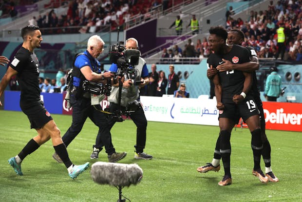 Alphonso Davies of Canada celebrates after scoring against Croatia at the World Cup (Photo by Igor Kralj/Pixsell/MB Media/Getty Images)