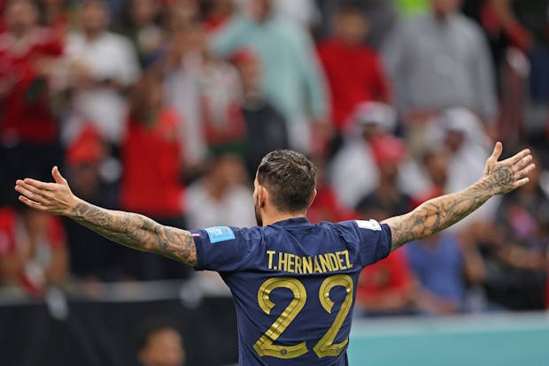 Theo Hernández of France celebrates his goal during the World Cup Qatar semi-final v Morocco (Photo by Heuler Andrey/Eurasia Sport Images/Getty Images)