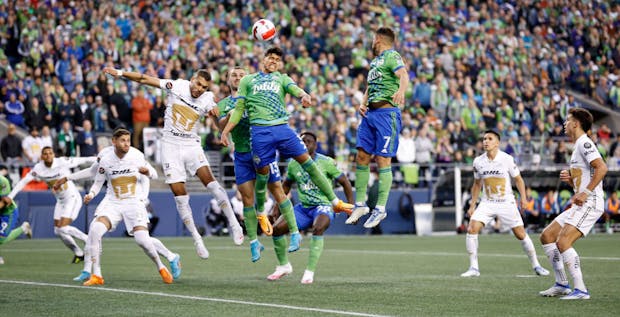 Xavier Arreaga of Seattle Sounders heads the ball against Pumas during 2022 Concacaf Champions League final (Photo by Steph Chambers/Getty Images)