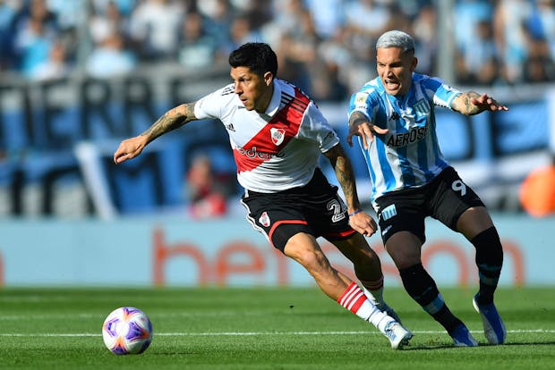 Enzo Perez of River Plate battles for possession with Enzo Copetti of Racing Club during a Primera División match on October 23, 2022 (by Marcelo Endelli/Getty Images)