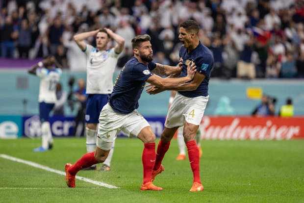 Olivier Giroud of France celebrates his goal during the 2022 Fifa World Cup quarter final match versus England (by Simon Bruty/Anychance/Getty Images)