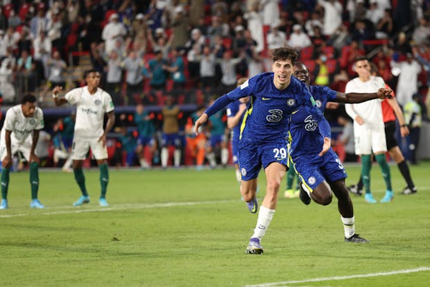 Kai Havertz of Chelsea celebrates after scoring during the 2021 Fifa Club World Cup final against Palmeiras on February 12, 2022 (by Matthew Ashton - AMA/Getty Images)