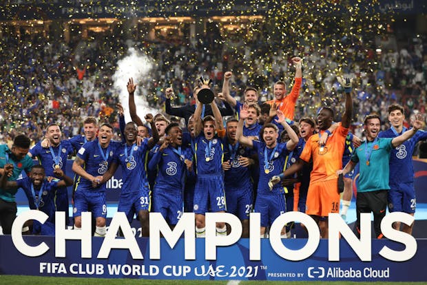 Chelsea lifts the FIFA Club World Cup UAE 2021 trophy at Mohammed Bin Zayed Stadium in February 2022. (Photo by Matthew Ashton - AMA/Getty Images)