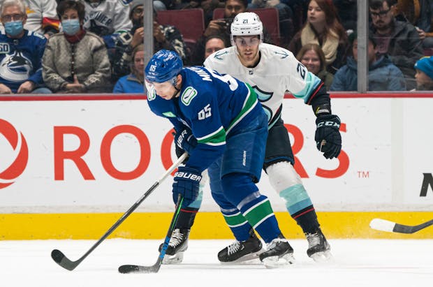 Ilya Mikheyev of the Vancouver Canucks puts a shot on net (Photo by Rich Lam/Getty Images)