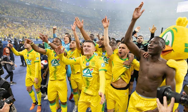 Nantes celebrate winning the 2021-22 Coupe de France final (by Tnani Badreddine ATPImages/Getty Images)