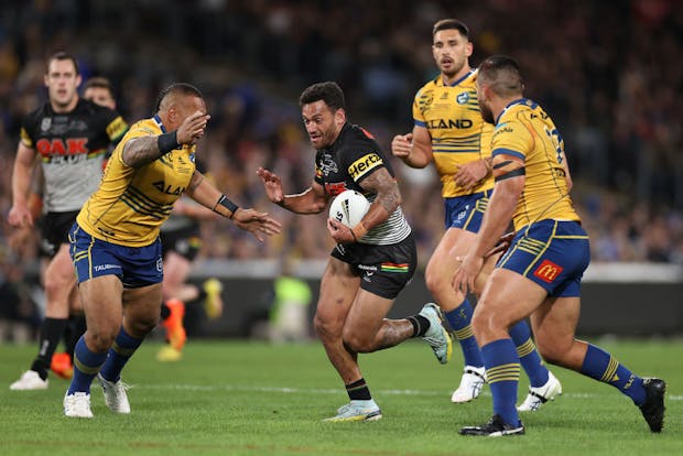 Apisai Koroisau of the Panthers runs the ball during the 2022 NRL Grand Final (Photo by Cameron Spencer/Getty Images)
