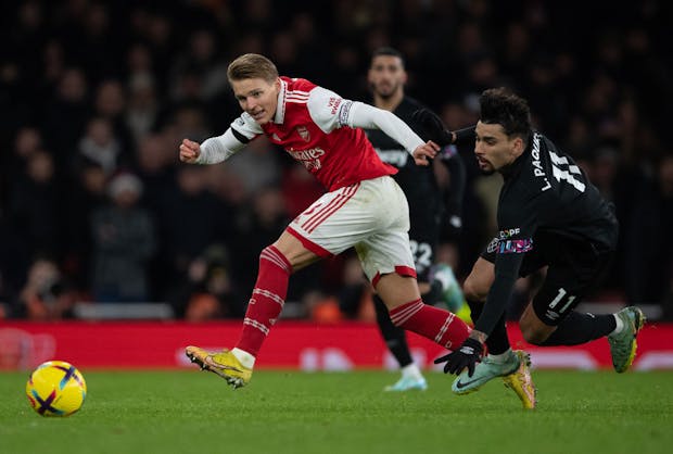 Martin Odegaard  and de Lima Lucas Paqueta during the Premier League match between Arsenal and West Ham (Photo by Visionhaus/Getty Images)