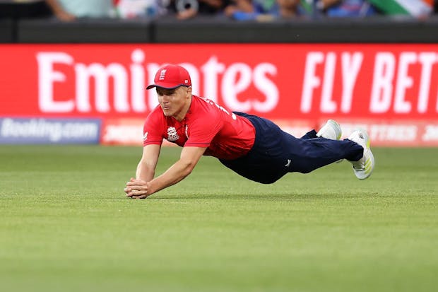 Sam Curran of England takes the catch for the wicket of KL Rahul of India during the ICC Men's T20 World Cup semi-final. (Mark Kolbe/Getty Images)